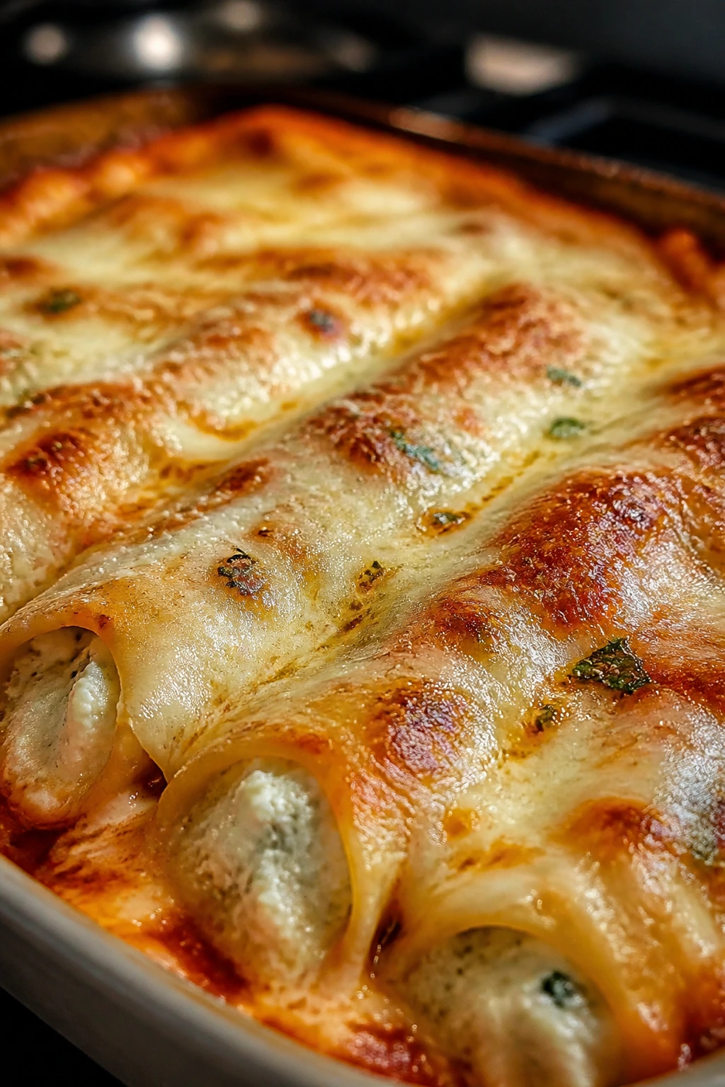 Close-up of baked manicotti with melted cheese on a warm kitchen backdrop