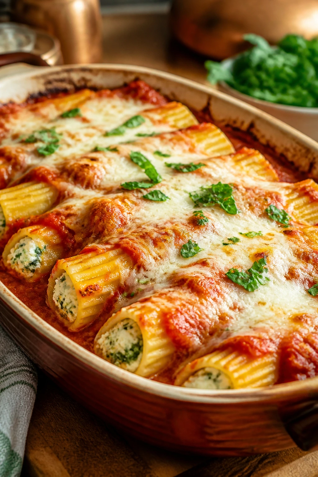 Close-up of baked manicotti in sauce filling a baking dish, inviting warm kitchen atmosphere
