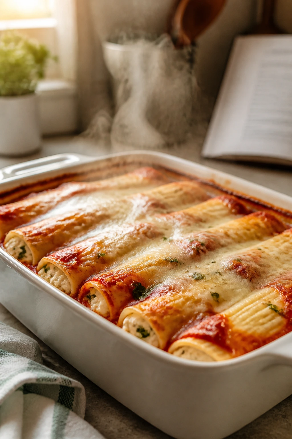 Steaming manicotti dish with blurred recipe background