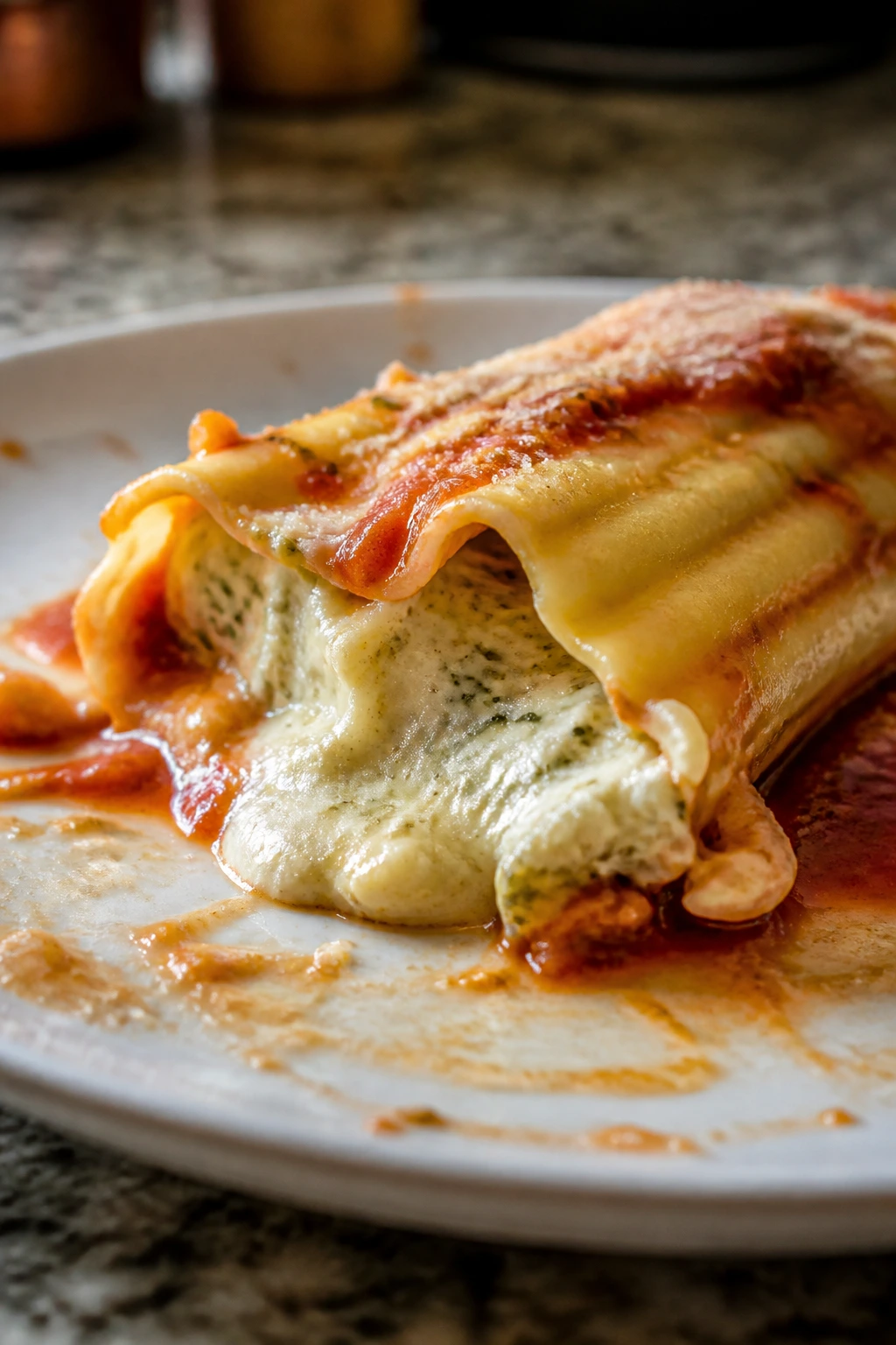 Overstuffed manicotti shell leaking filling