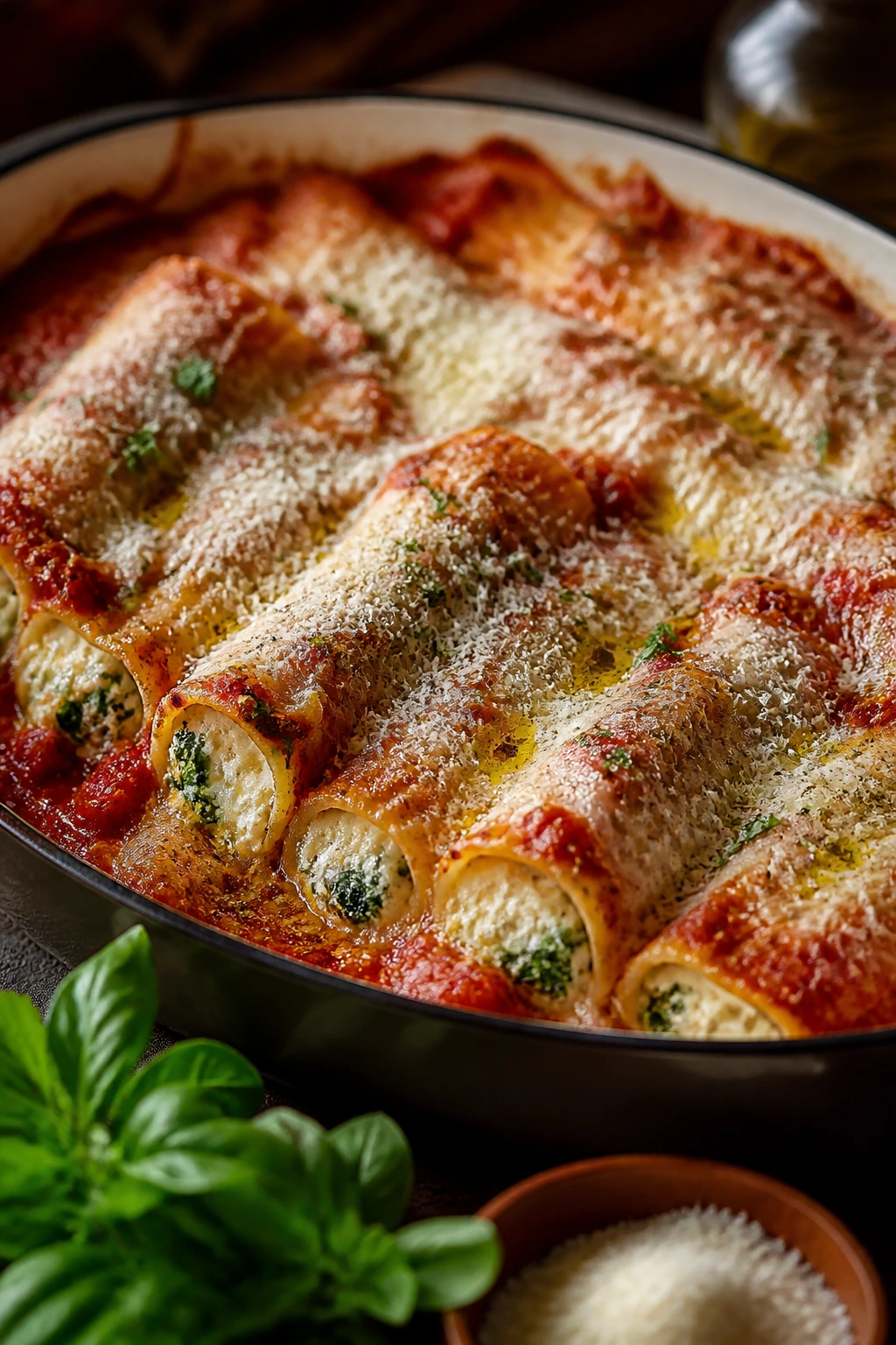 Manicotti pan topped with parmesan and olive oil drizzle
