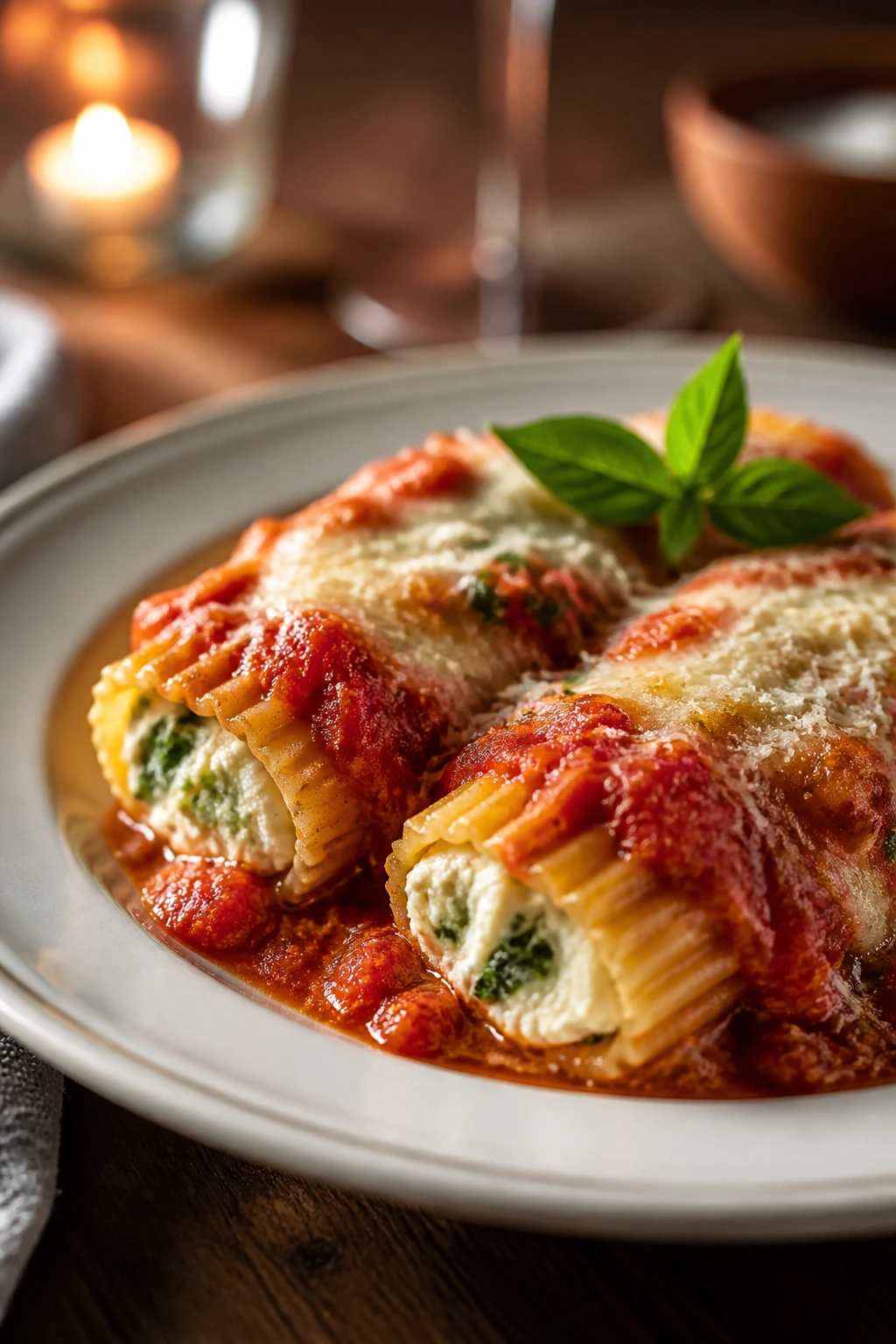 Plated manicotti with sauce and Parmesan on a plate
