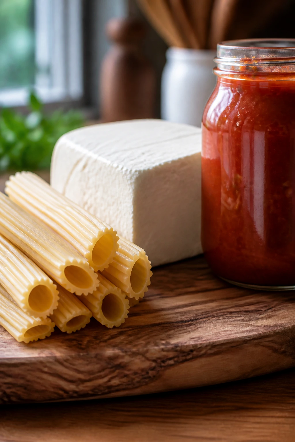 Manicotti shells mozzarella and tomato sauce on a wooden board