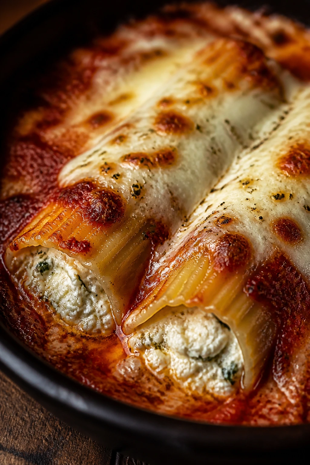 Manicotti pasta tubes baked with cheese and sauce in a dark rustic background.