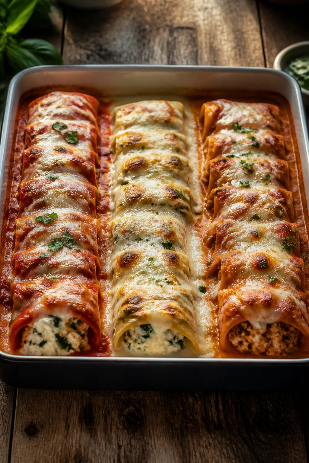 Manicotti variations in one pan with different sauces