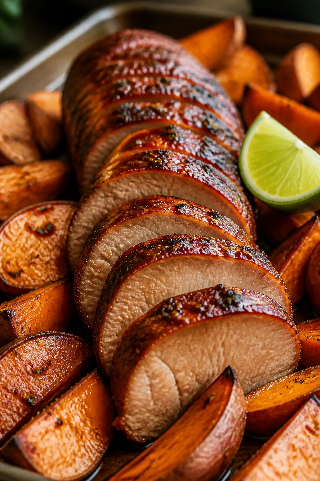 Maple chipotle pork tenderloin with sweet potatoes and lime