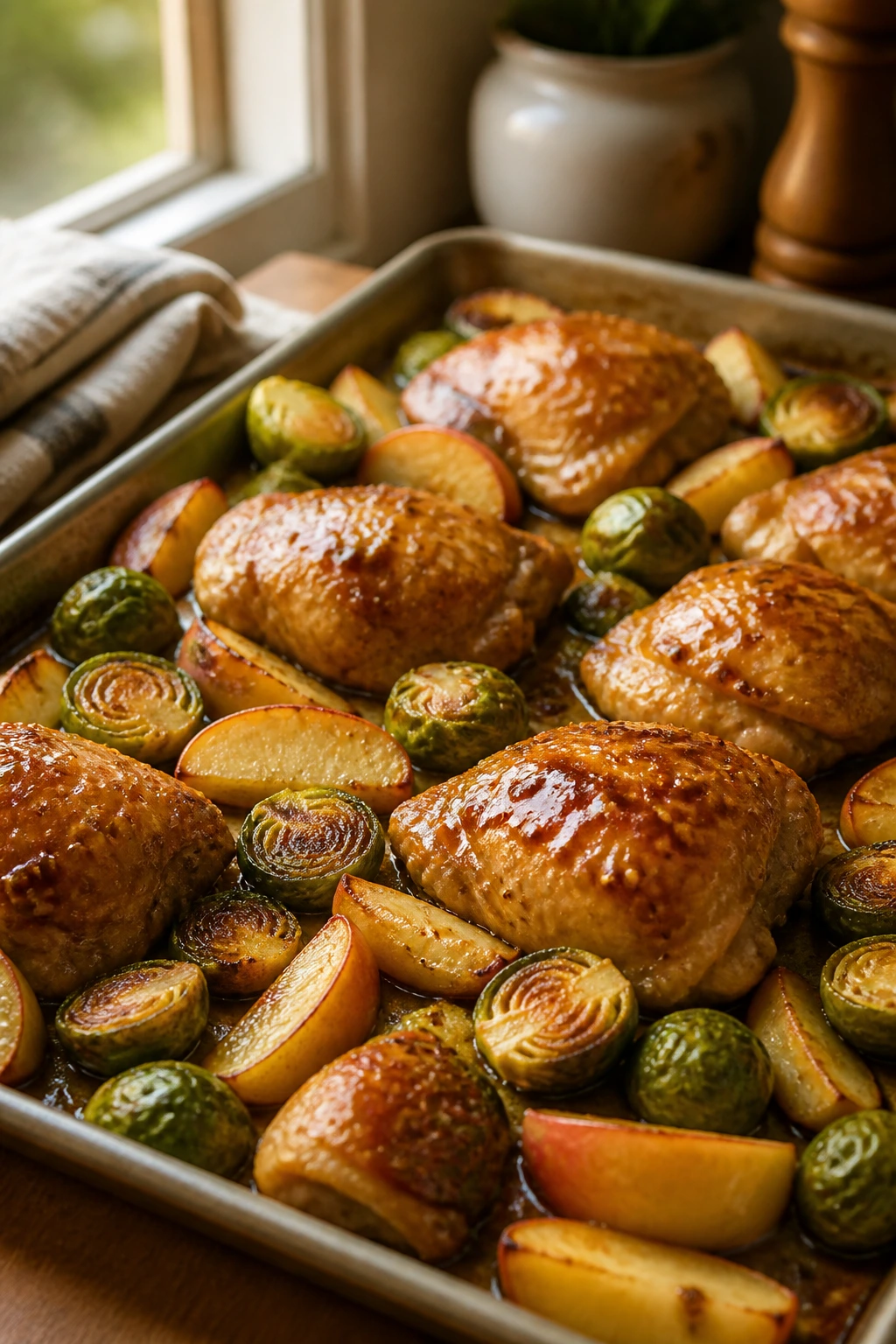 Close-up of Maple Dijon Chicken with Brussels Sprouts and Apples on a sheet pan