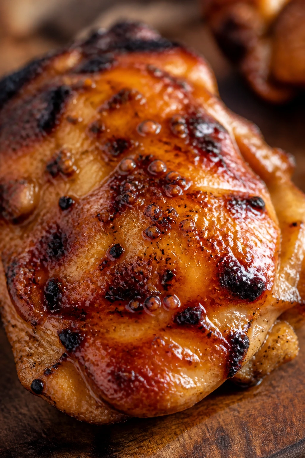 Close-up of maple Dijon glazed chicken thigh on a wooden surface