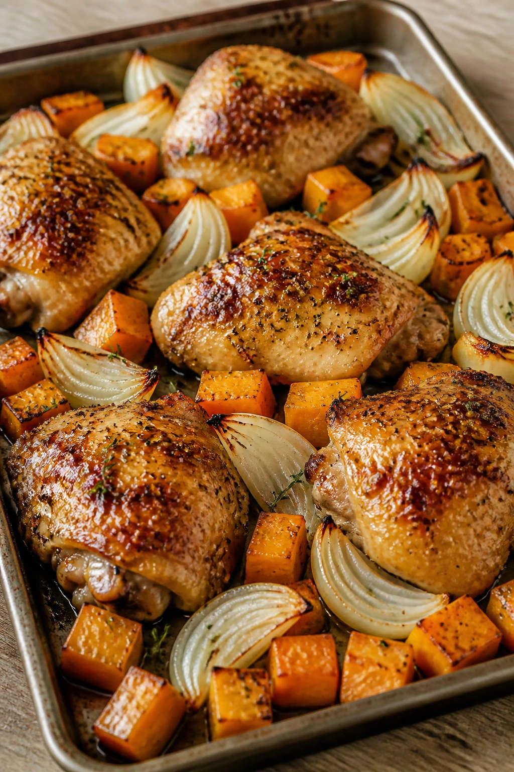 Close-up of maple Dijon chicken with squash and onions on a sheet pan