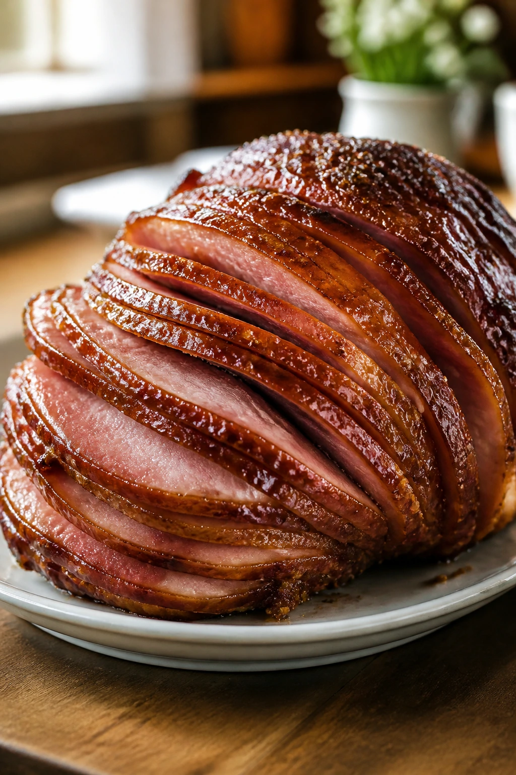 Glossy spiral-cut ham with maple-Dijon glaze on serving platter