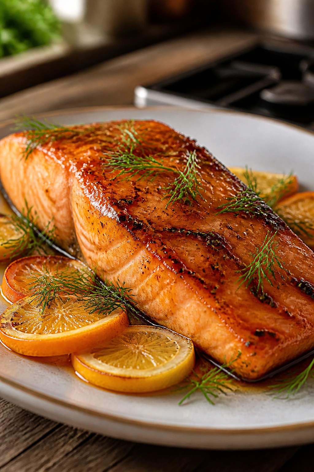 Maple-glazed salmon fillet with dill and citrus on plate