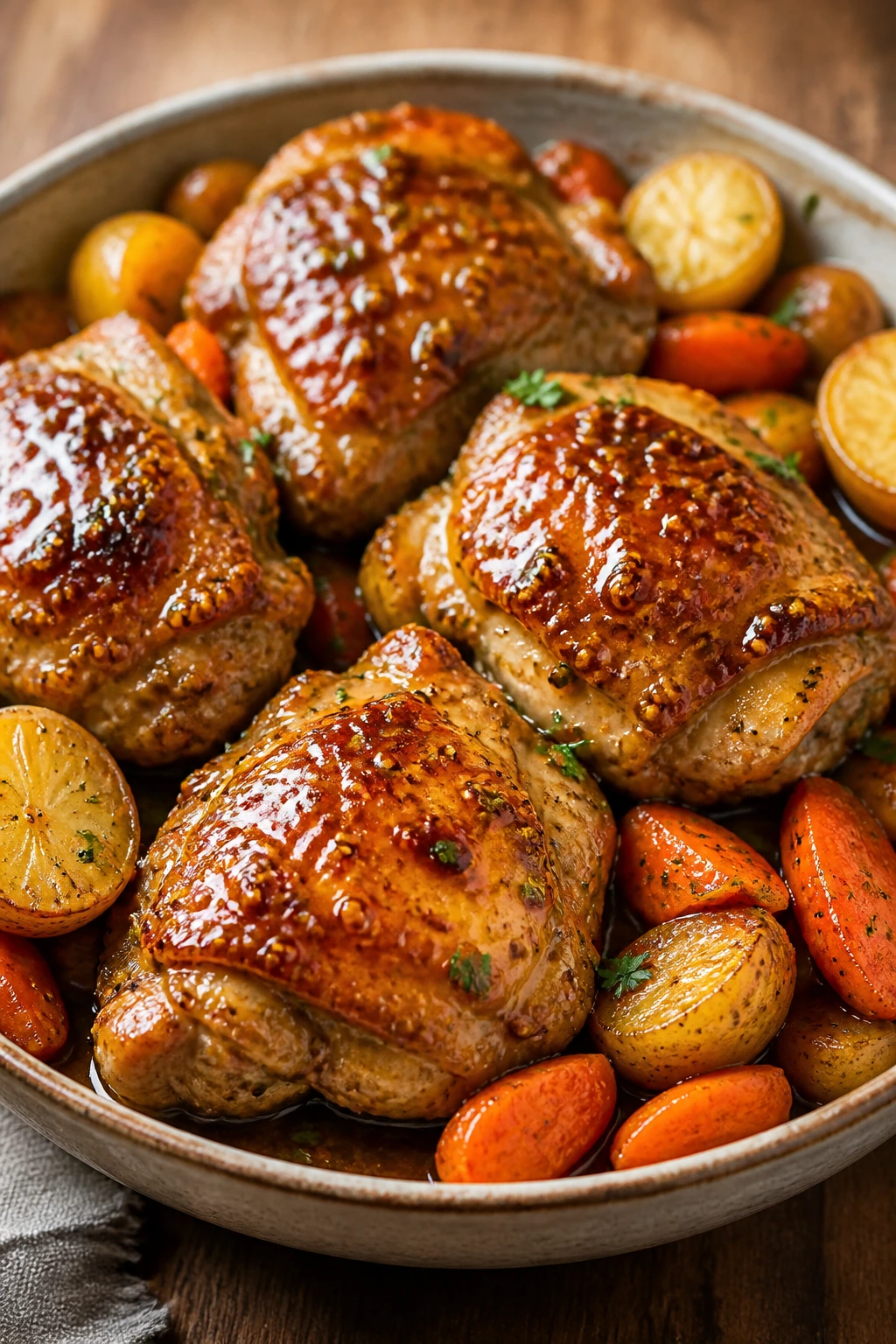 Maple mustard chicken with potatoes and carrots on a wooden table