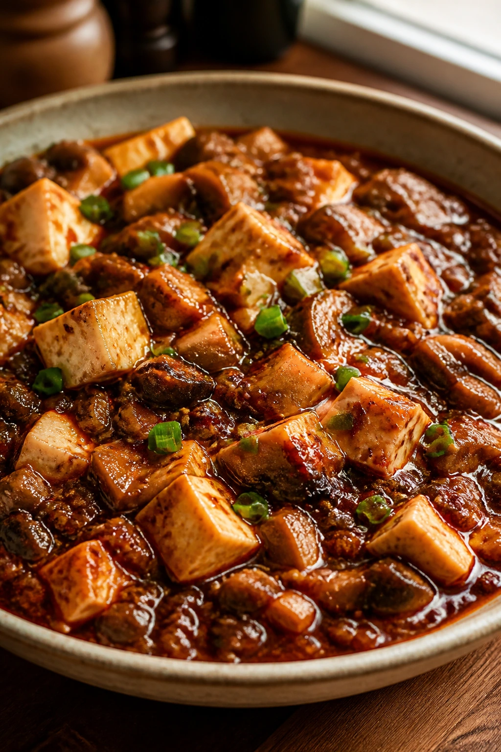Close-up of vegetarian mapo tofu with mushrooms in red sauce on a rustic plate
