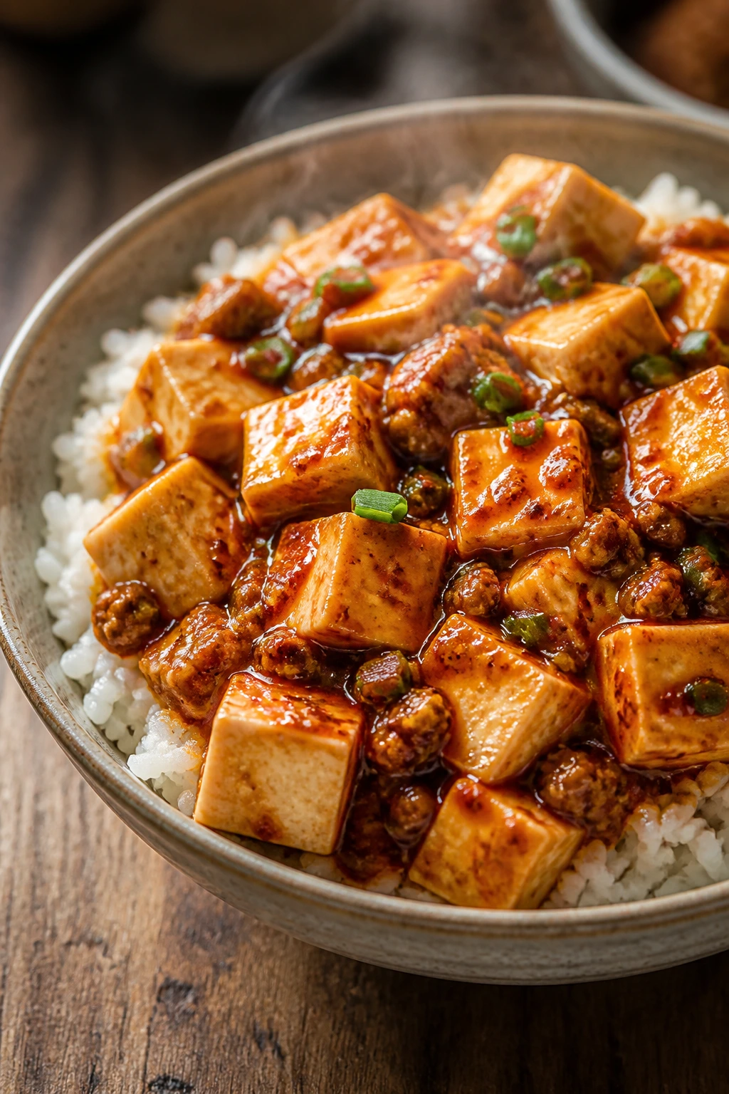 Close-up of mapo tofu in a spicy sauce over steamed rice