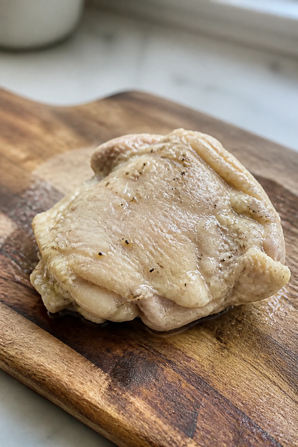 Close-up of a chicken thigh with pale, mushy surface from acid marinade on a wooden cutting board