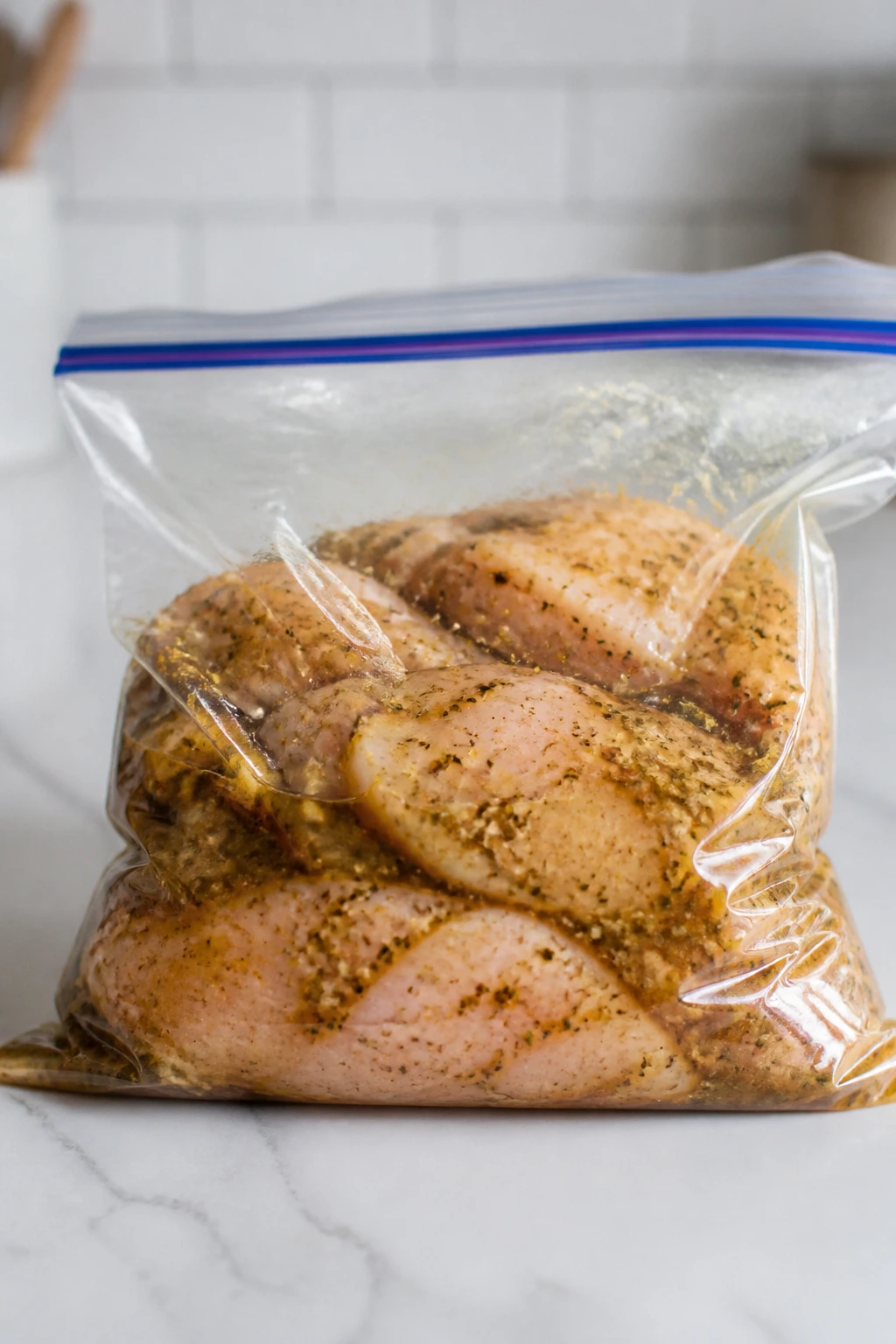 Sealed freezer bag containing marinating chicken on a counter.