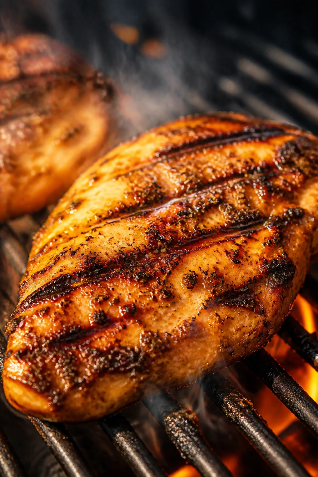 Close-up of marinated chicken on grill browning slowly