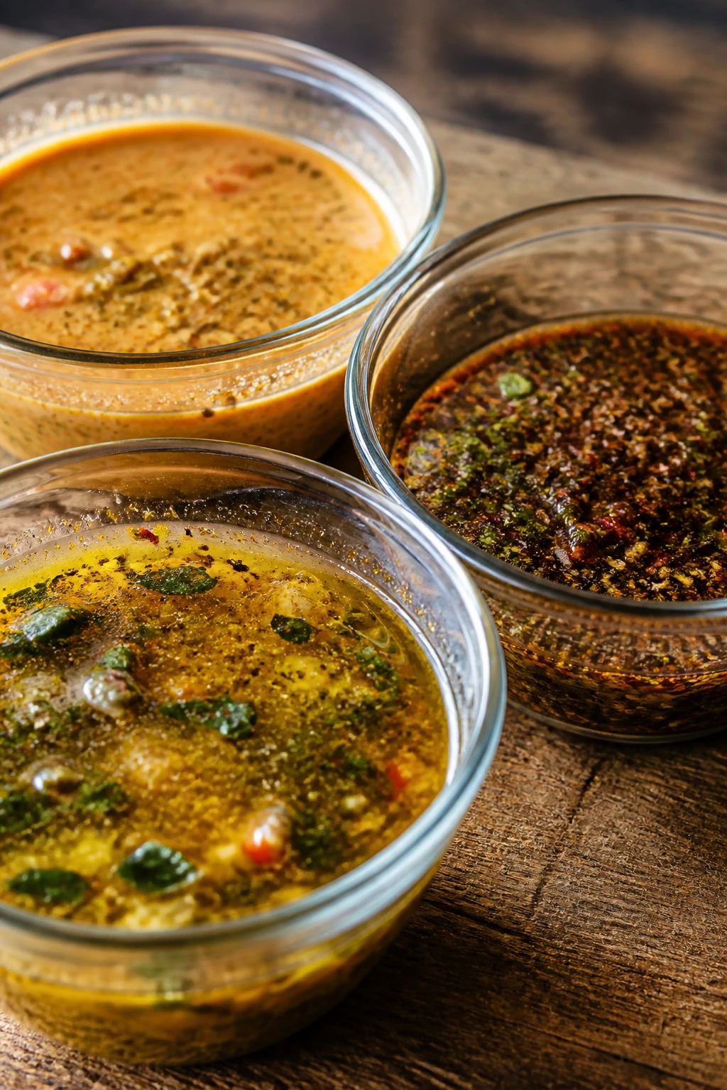 Close-up of colorful marinades in glass bowls on a wooden counter, representing weeknight-friendly flavors