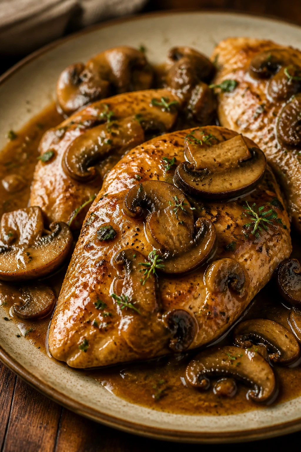 Close-up of Chicken Marsala with Mushrooms and Herbs on a rustic table under warm kitchen light