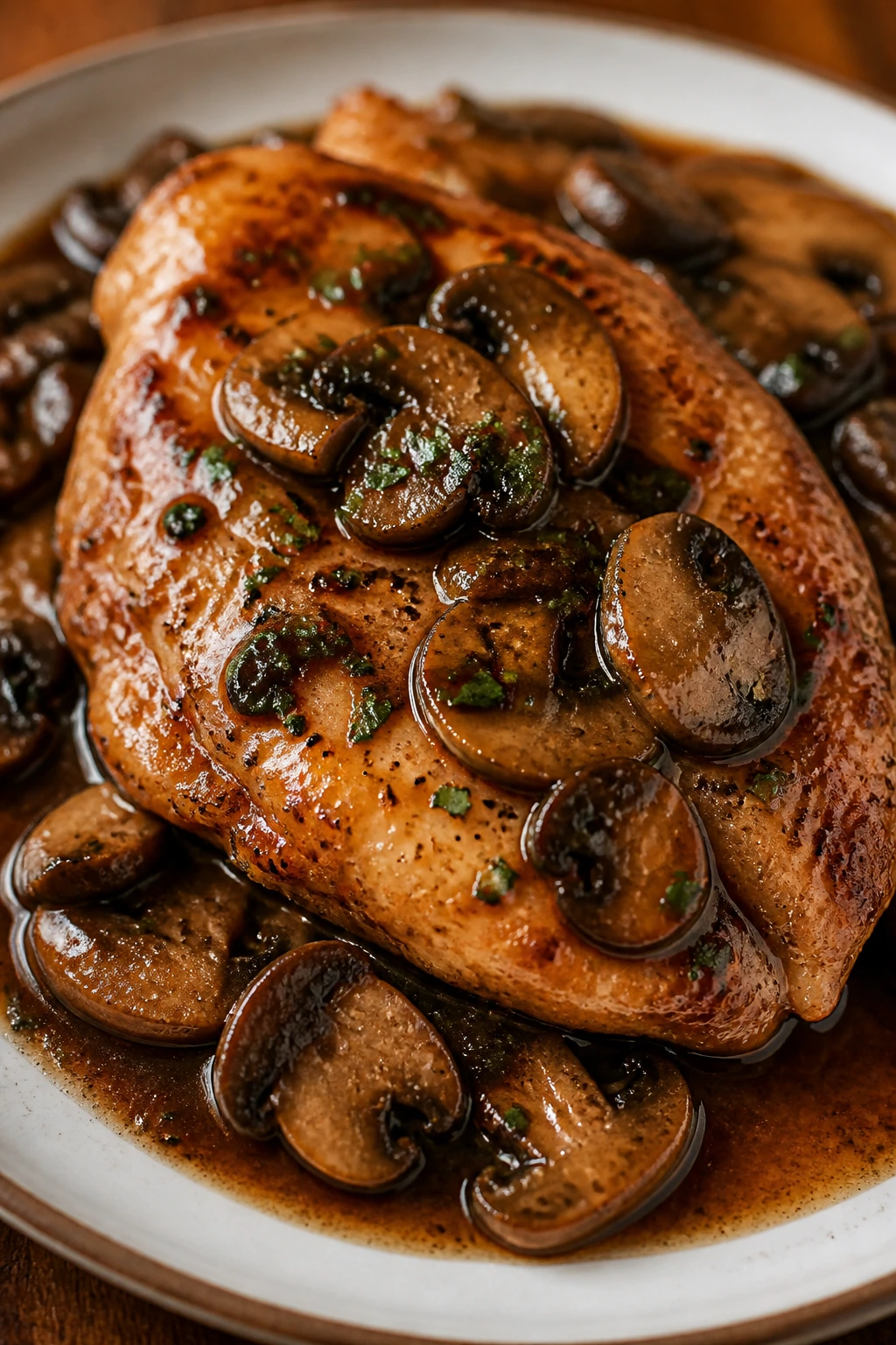 Close-up of chicken marsala with mushrooms and glossy sauce