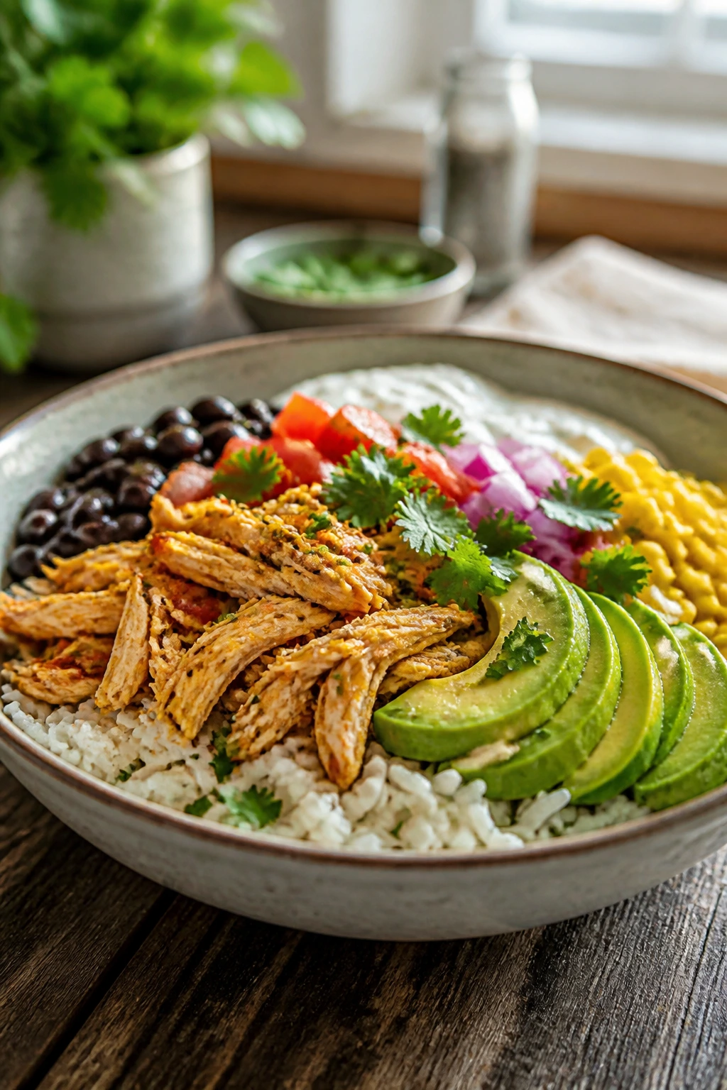 Colorful meal-prep bowl with shredded chicken, rice, and avocado.