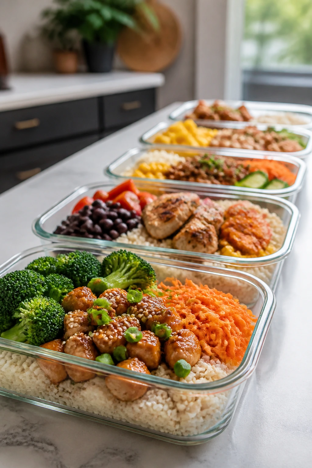 Row of meal-prep bowls filled with rice bowls in a kitchen