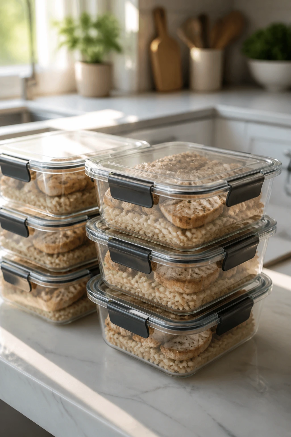 Meal prep containers with chicken and rice on a kitchen counter.