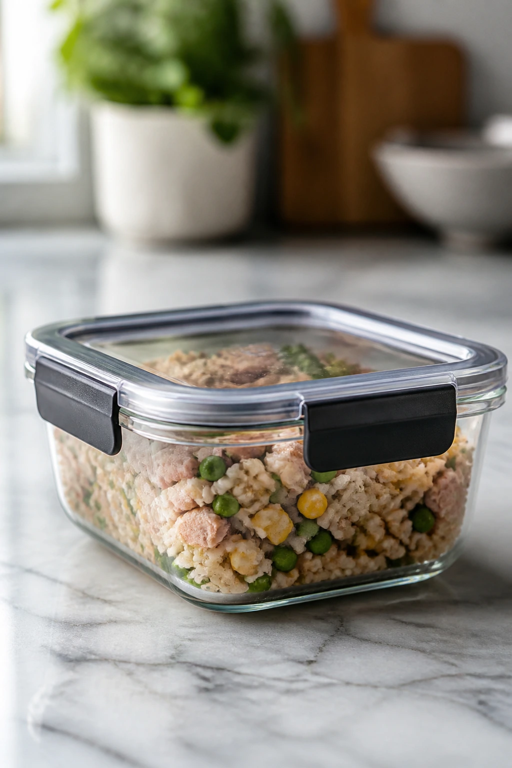 Close-up of a glass meal prep container with lid on a counter