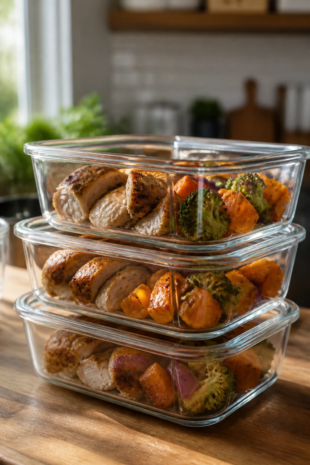 Close-up of glass meal-prep containers with chicken and vegetables in a warm kitchen.