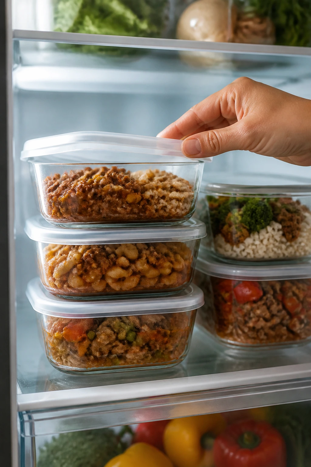 Clear food containers in a refrigerator for make-ahead storage.