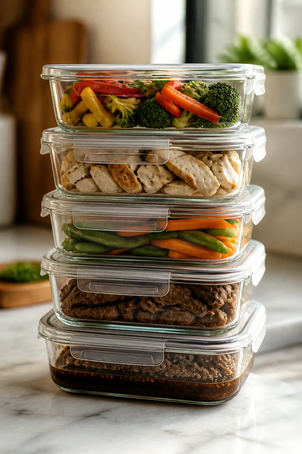 Airtight meal-prep containers with prepped ingredients on counter.