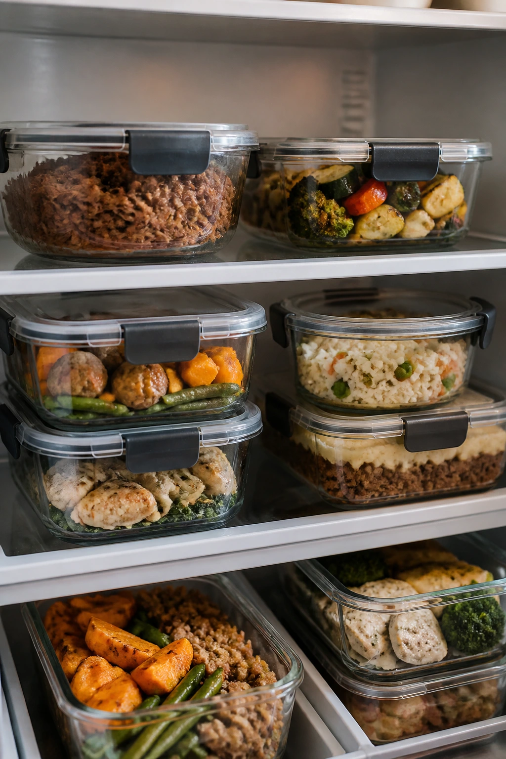 Fridge with meal-prep containers ready for storage