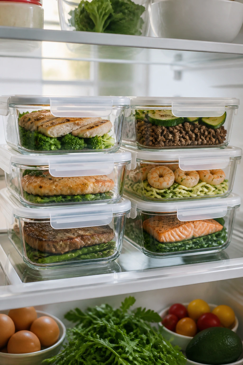Close-up of glass meal-prep containers in a fridge holding keto dinners