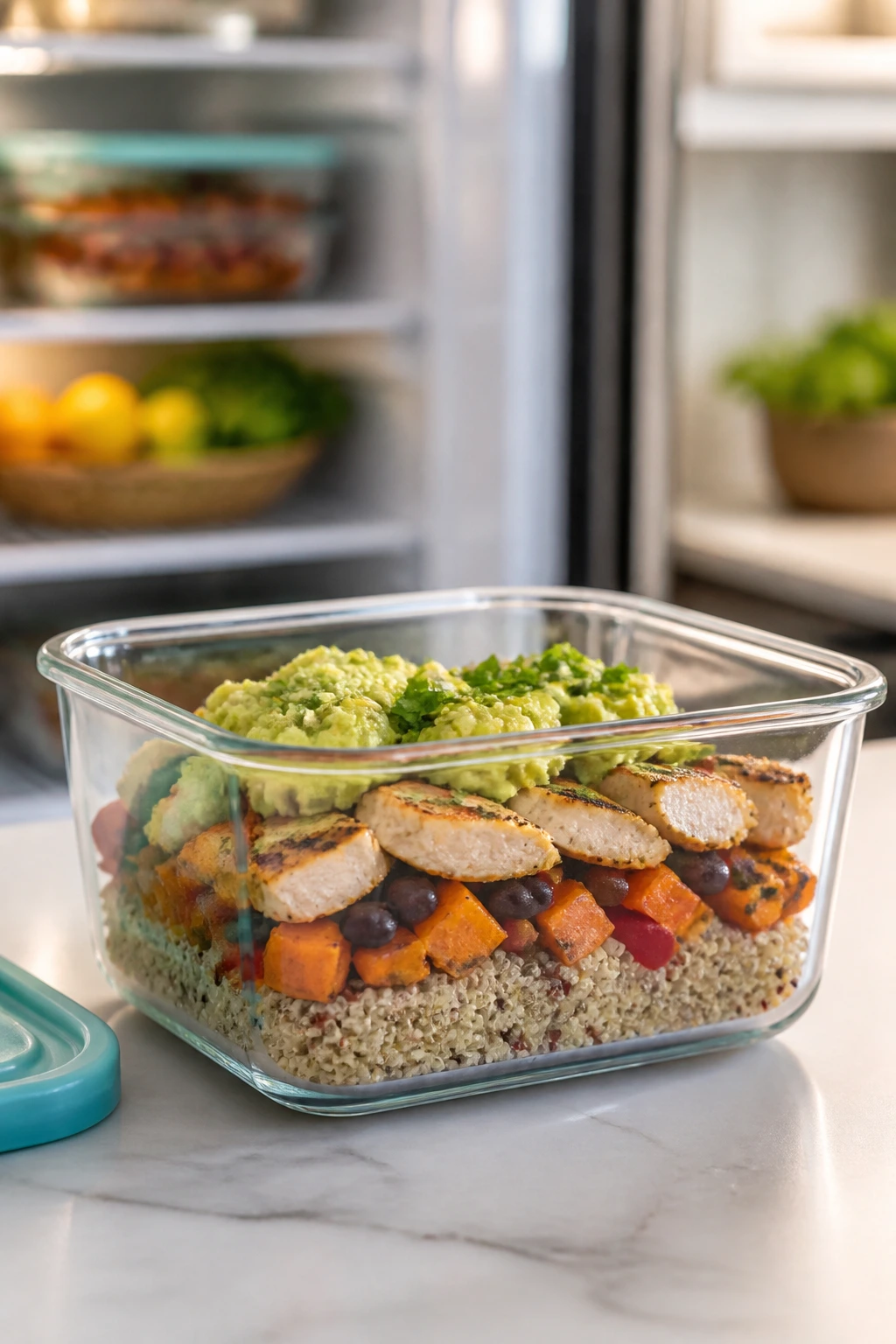 Glass meal-prep container with layered dinner on kitchen counter