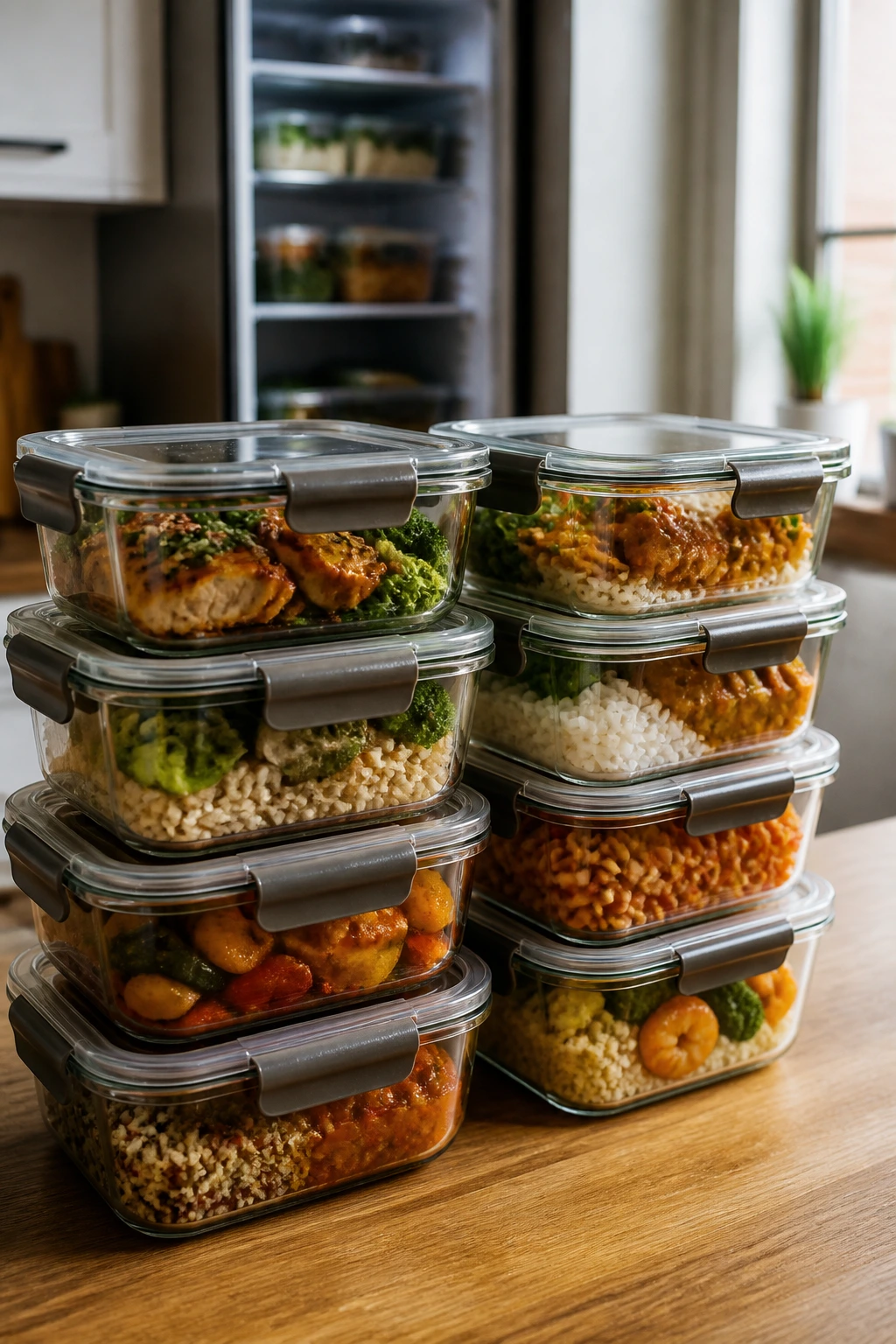 Close-up of glass meal-prep containers filled with prepared meals on a kitchen counter.