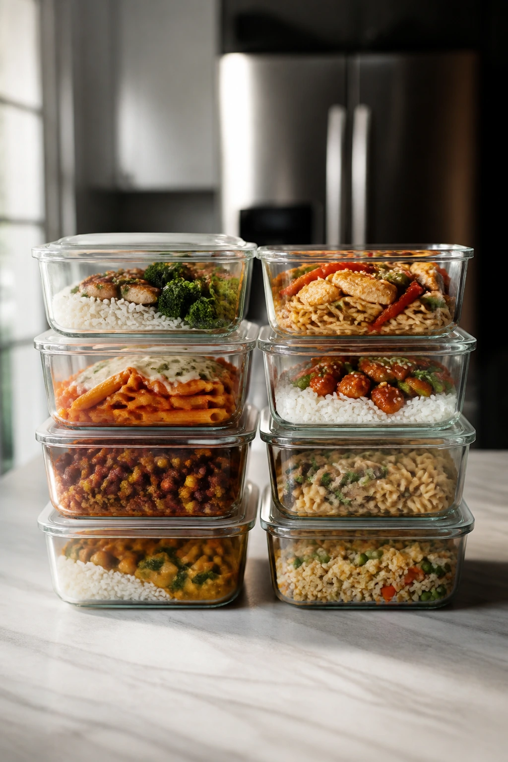 Meal-prep containers with ready-to-reheat meals on a kitchen counter