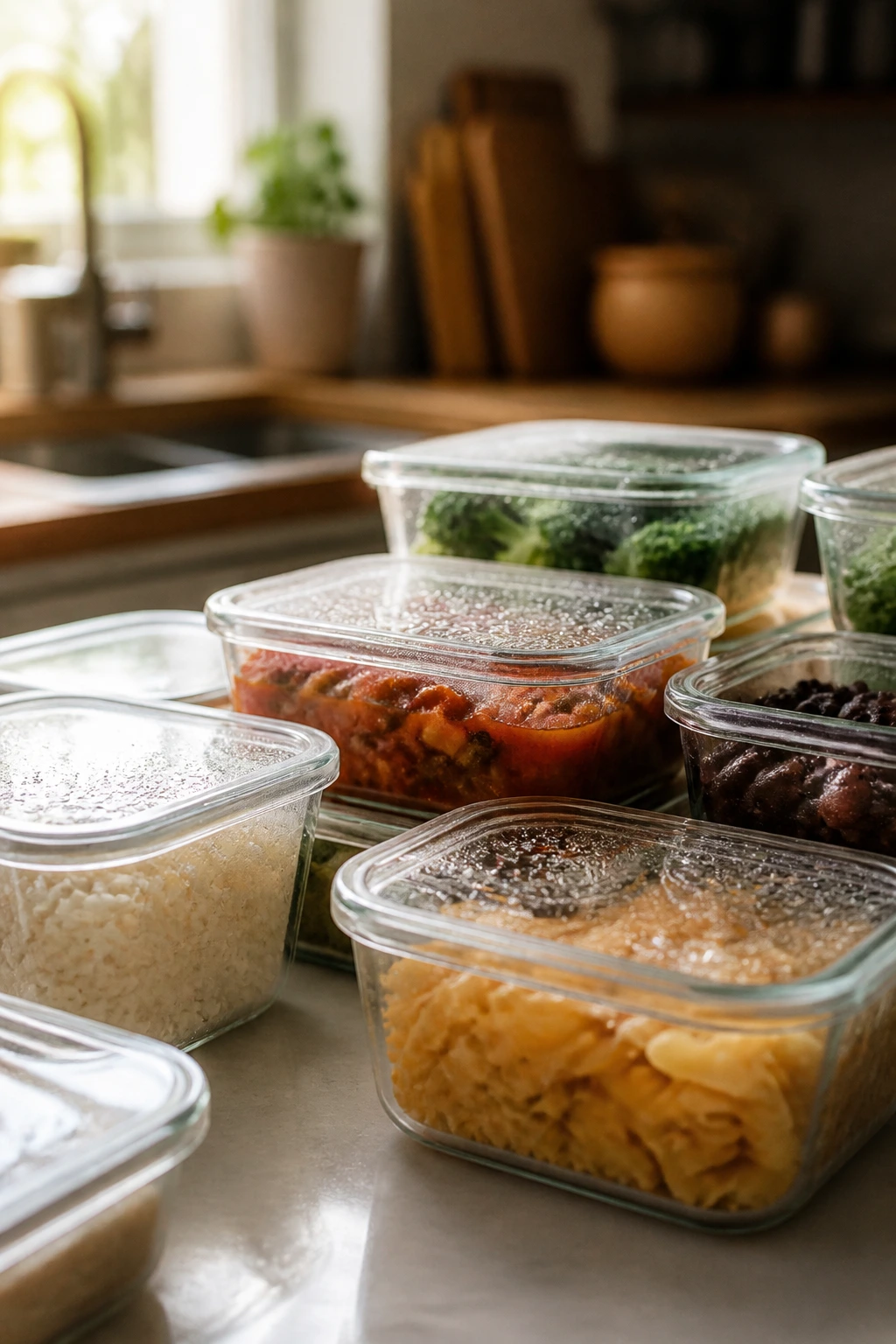 Close-up of glass meal-prep containers on a kitchen counter, illustrating make-ahead storage and reheating.