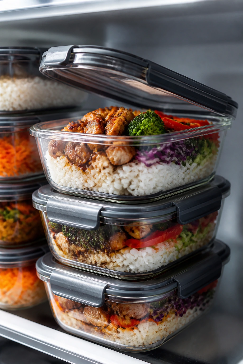 Stacked meal-prep containers ready for storage and reheating