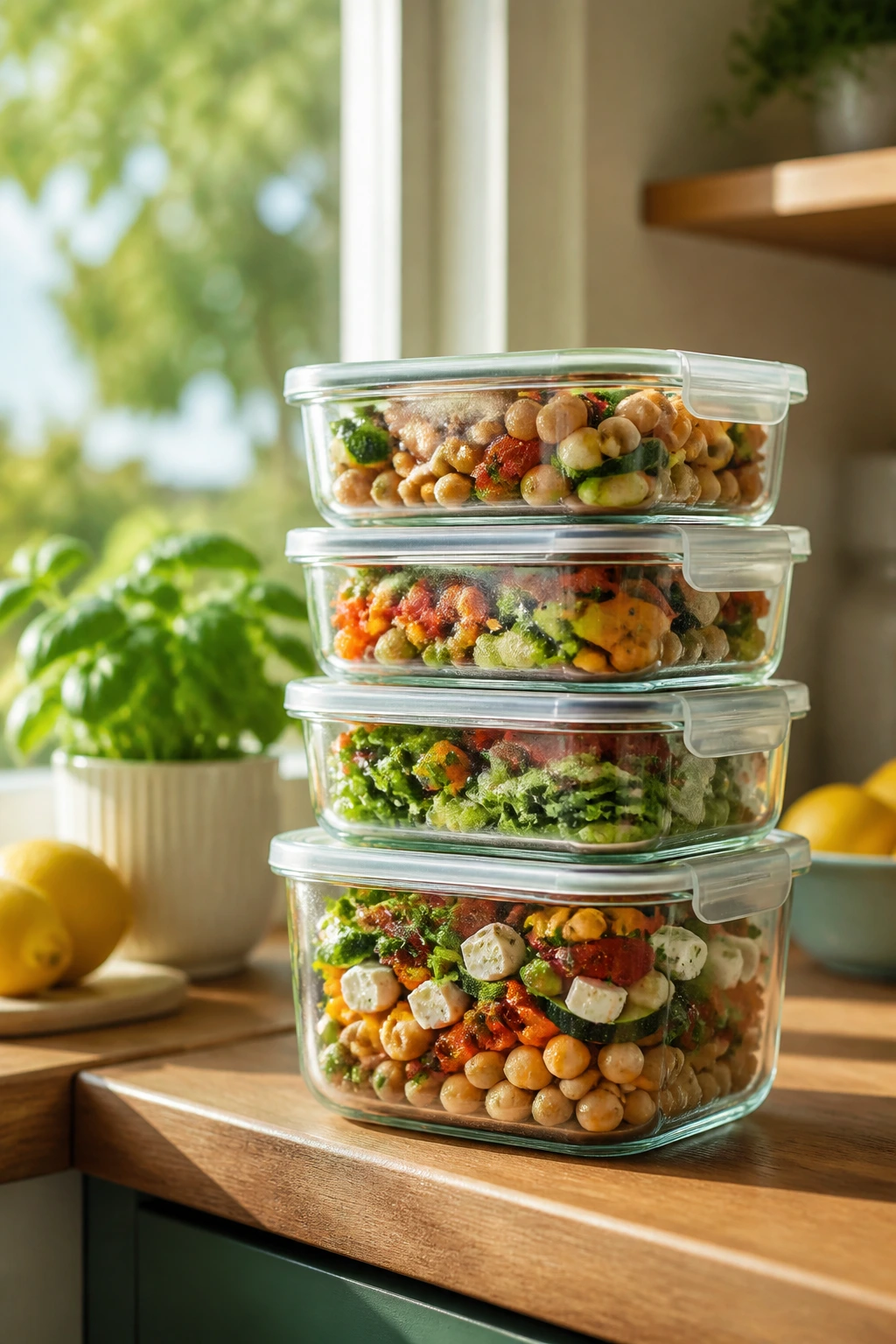Glass meal-prep containers in a sunny kitchen ready for make-ahead meals