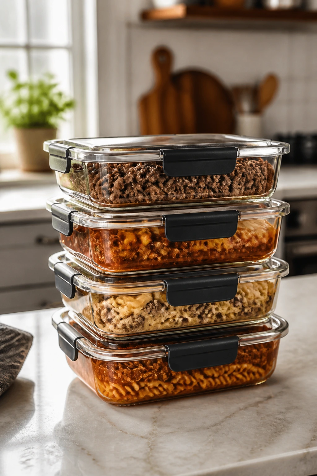 Close-up of glass meal prep containers on a kitchen counter illustrating make-ahead storage concept
