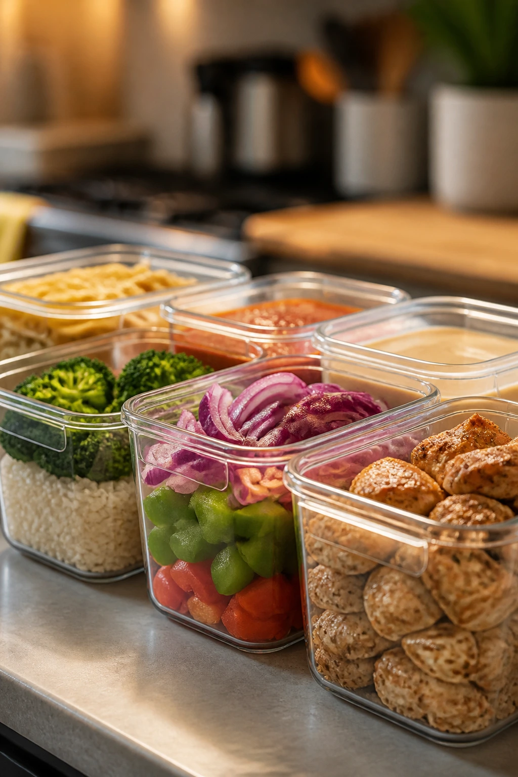 Stacked airtight containers with prepared meal components in a kitchen