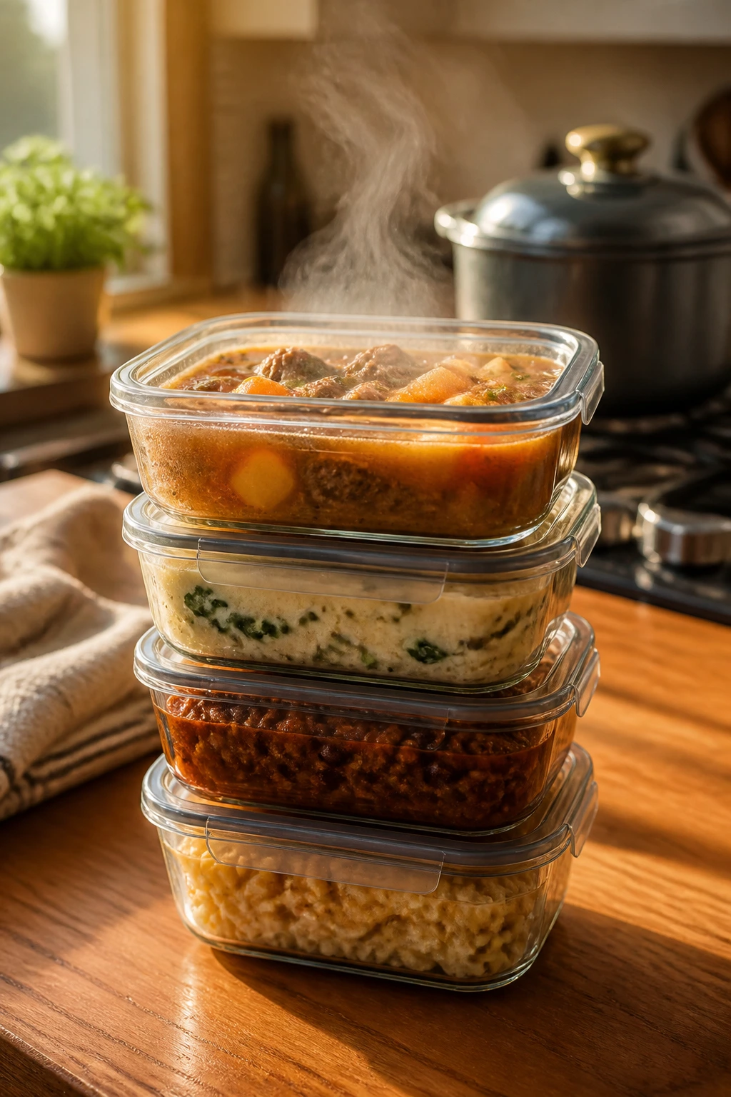 Close-up of glass meal-prep containers stacked on a warm kitchen counter, steaming gently