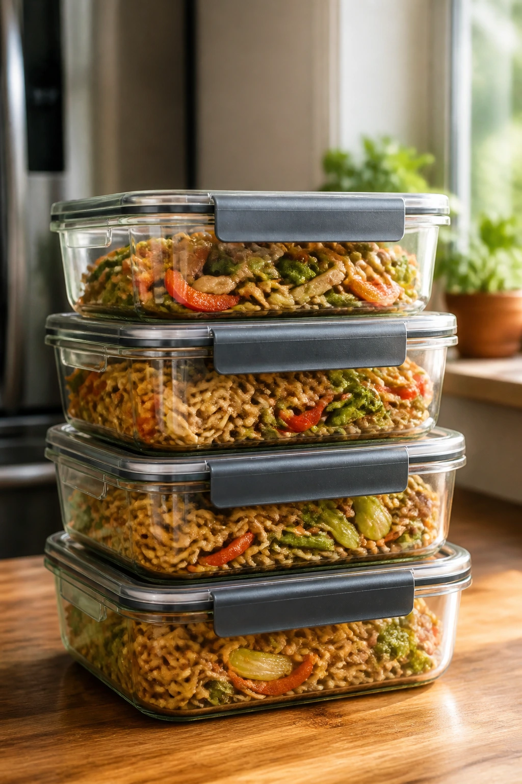 Close-up of stacked glass meal-prep containers on a kitchen counter