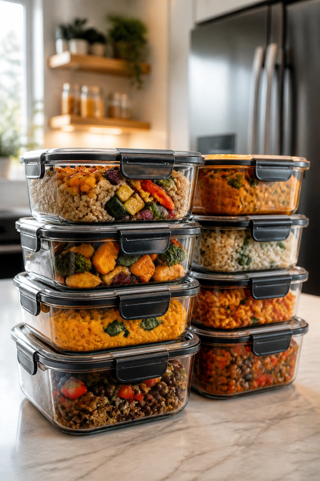 Close-up of stacked glass meal-prep containers with colorful vegetarian meals on a kitchen counter