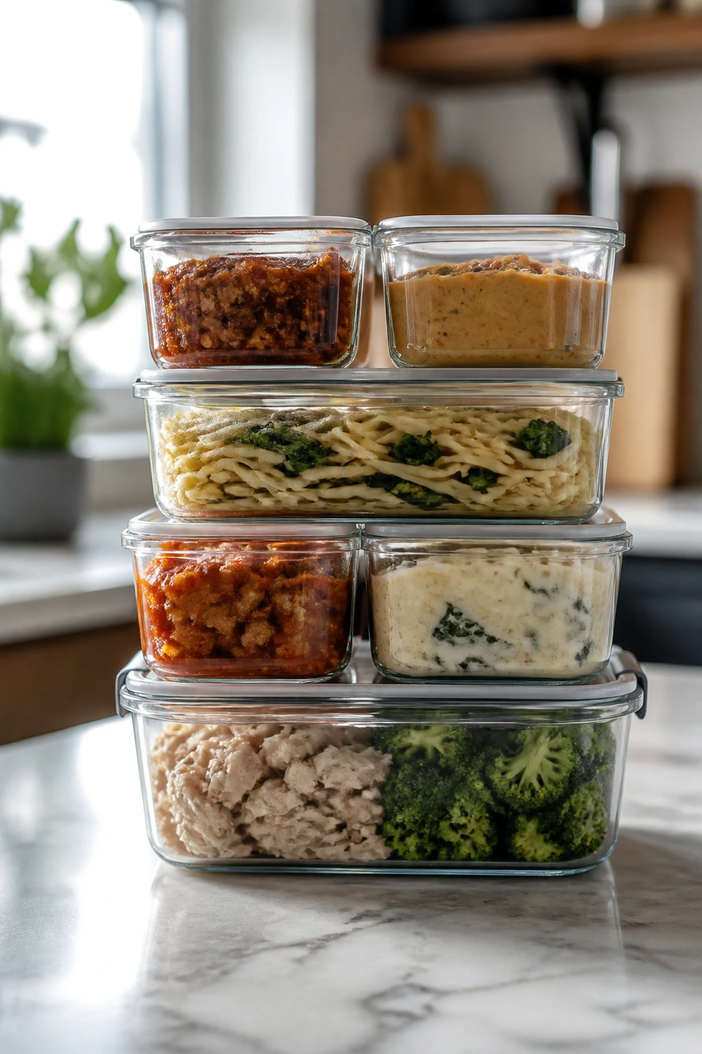 Close-up of glass meal-prep containers in a bright kitchen