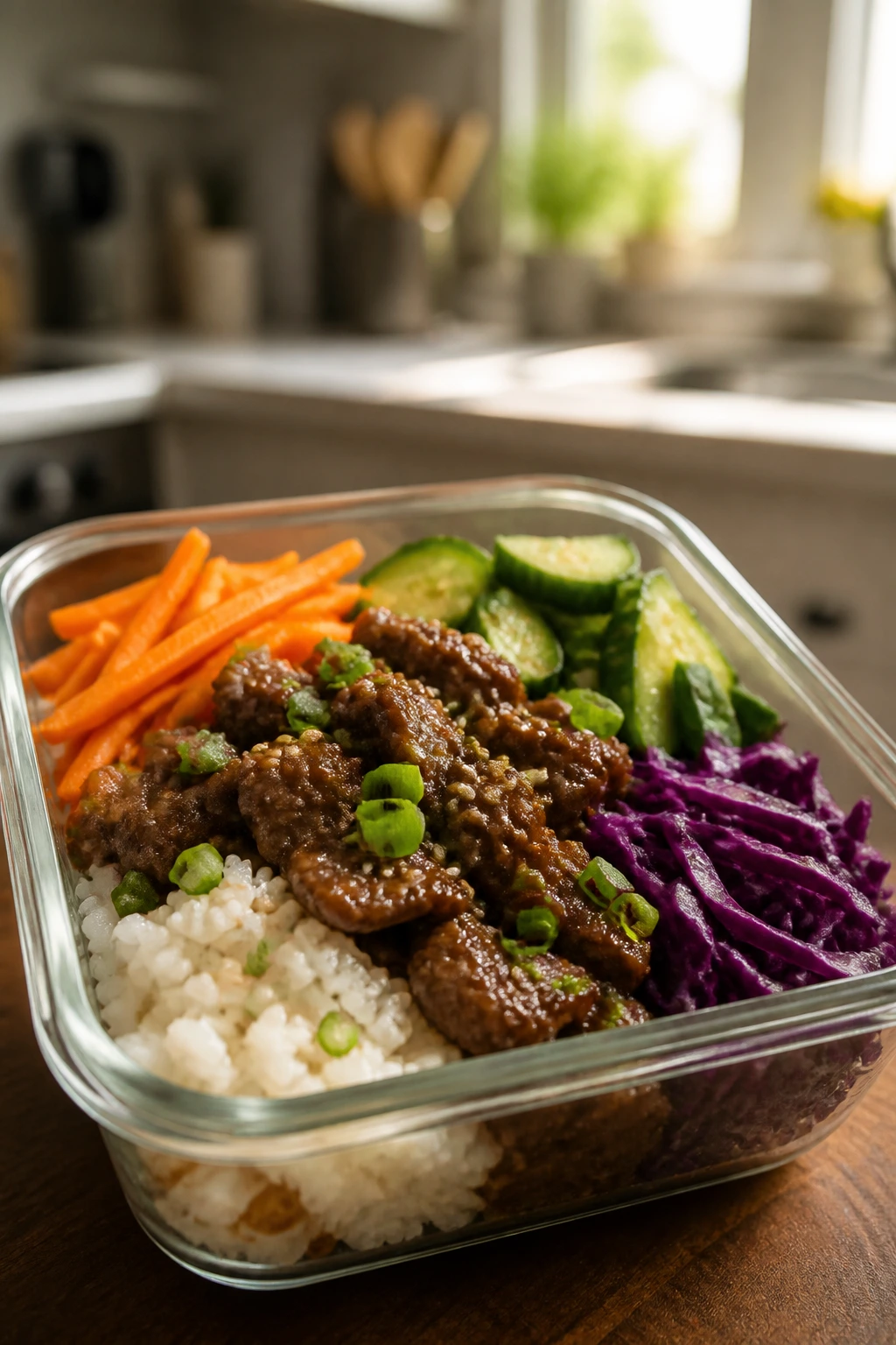 Meal-prep container with separate components for beef bowls