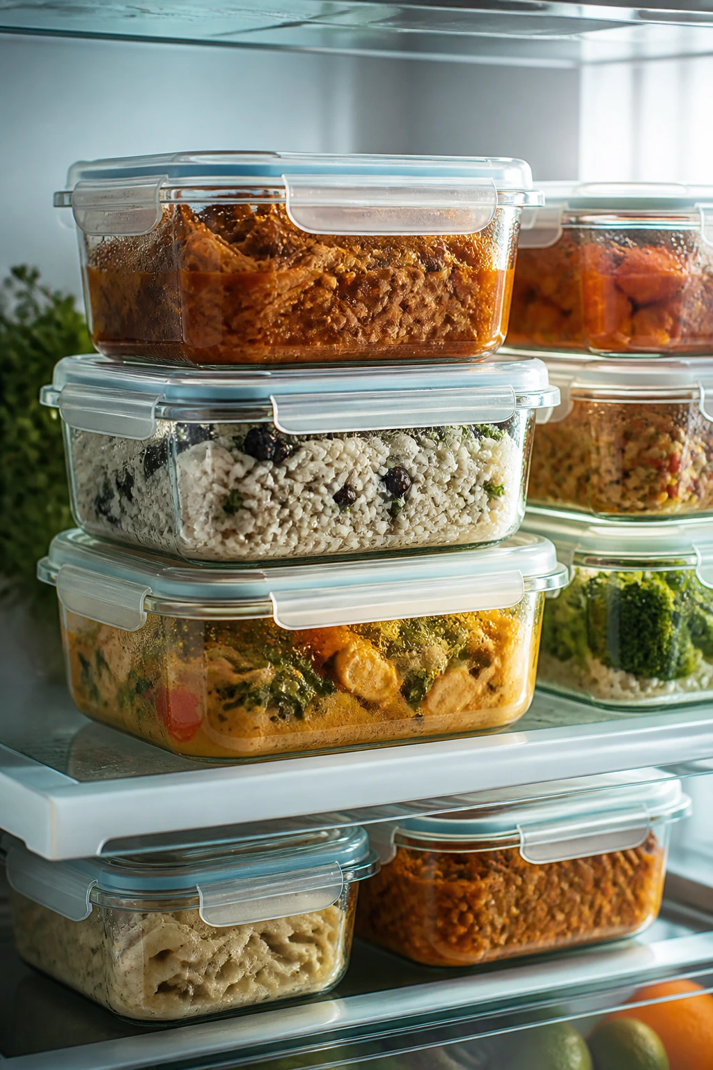 Glass meal-prep containers in fridge