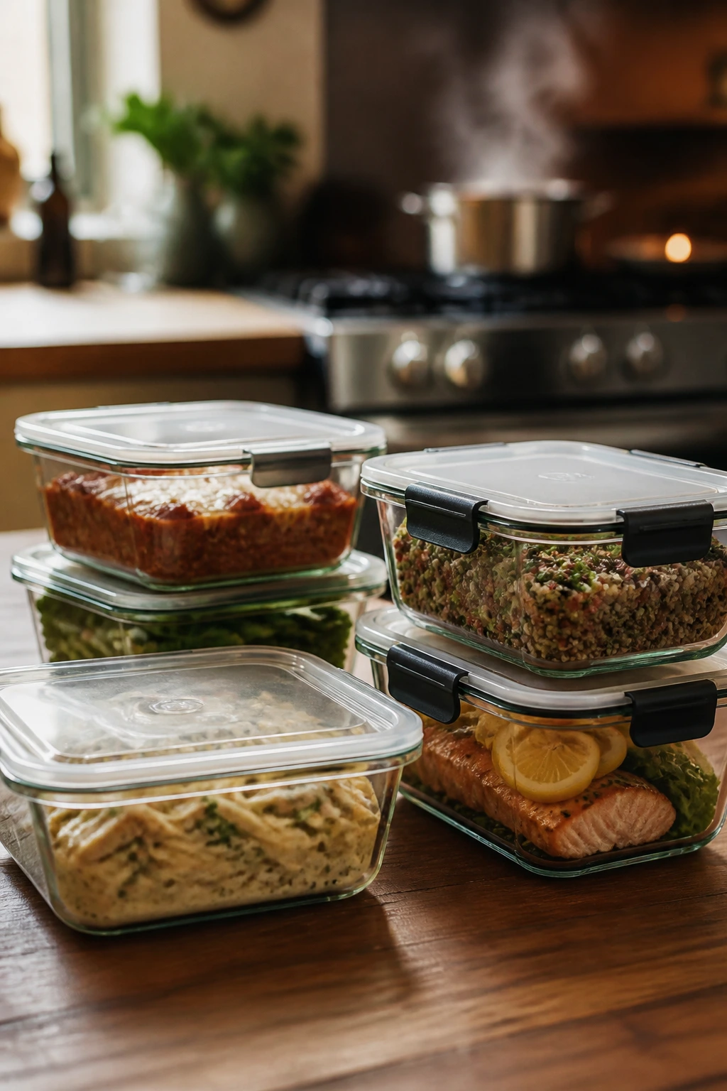 Close-up of glass meal-prep containers on a kitchen counter, representing make-ahead storage and reheating guidance.