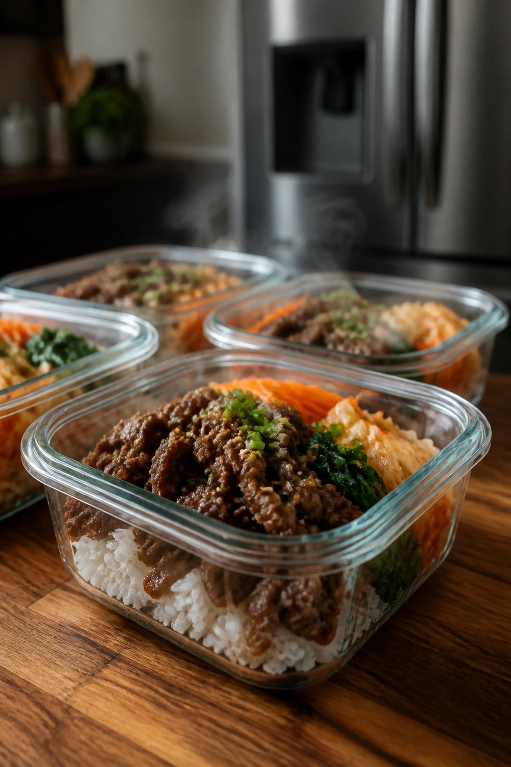 Close-up of airtight meal-prep containers with bulgogi beef bowls ready for fridge storage