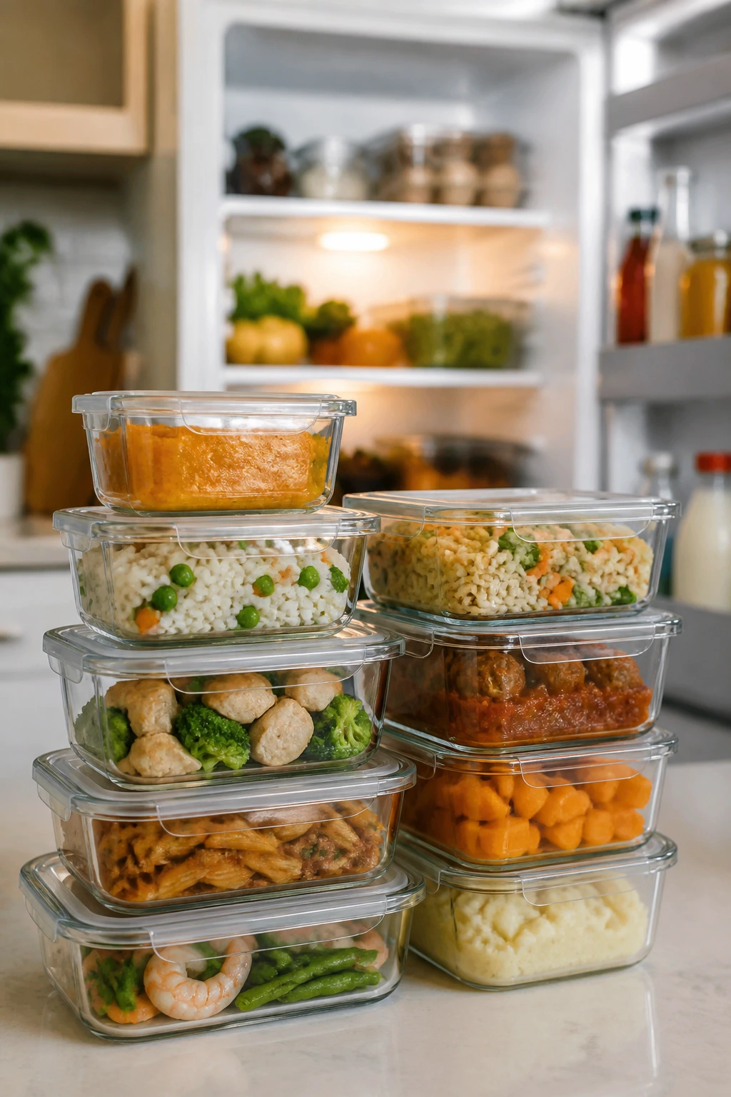 Close-up of glass meal-prep containers with leftovers on a kitchen counter, storage and reheating theme